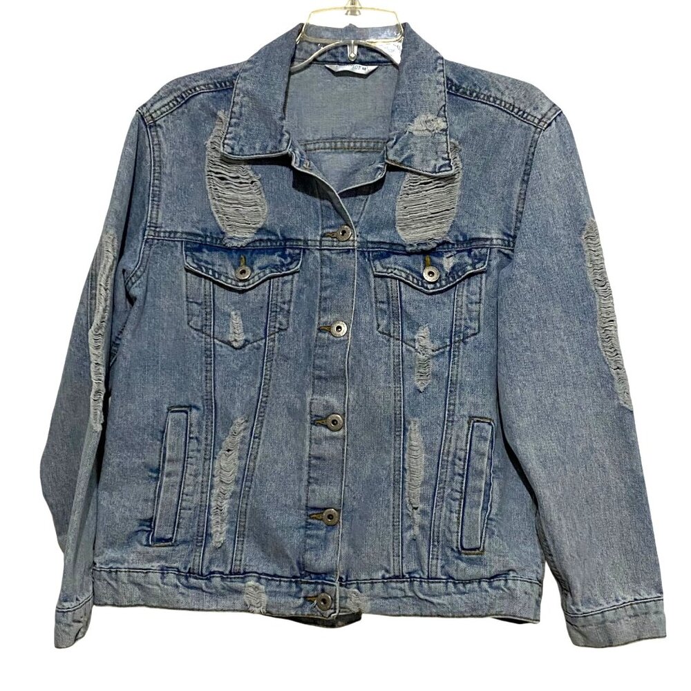 Highway Jeans Distressed Denim Jacket Womens M Trucker Y2K Grunge‎ Boho Festival